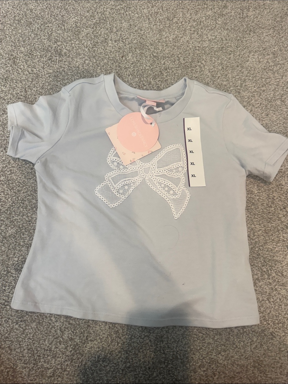 LoveShackFancy Light Blue Girls Short Sleeve Tee with White Eyelet Bow